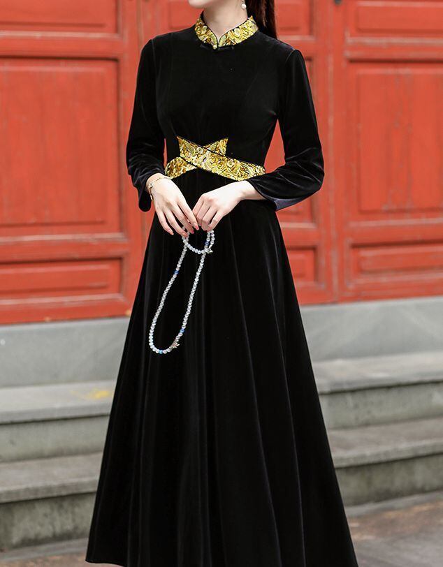 ワンピース チャイナドレス ロング丈 マオカラー 長袖 ハイウエスト