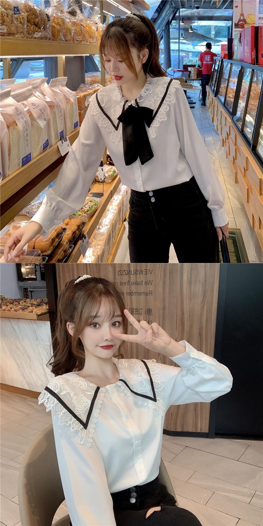 レースカラーリボンホワイト 白シャツ レディース ロング マキシロング