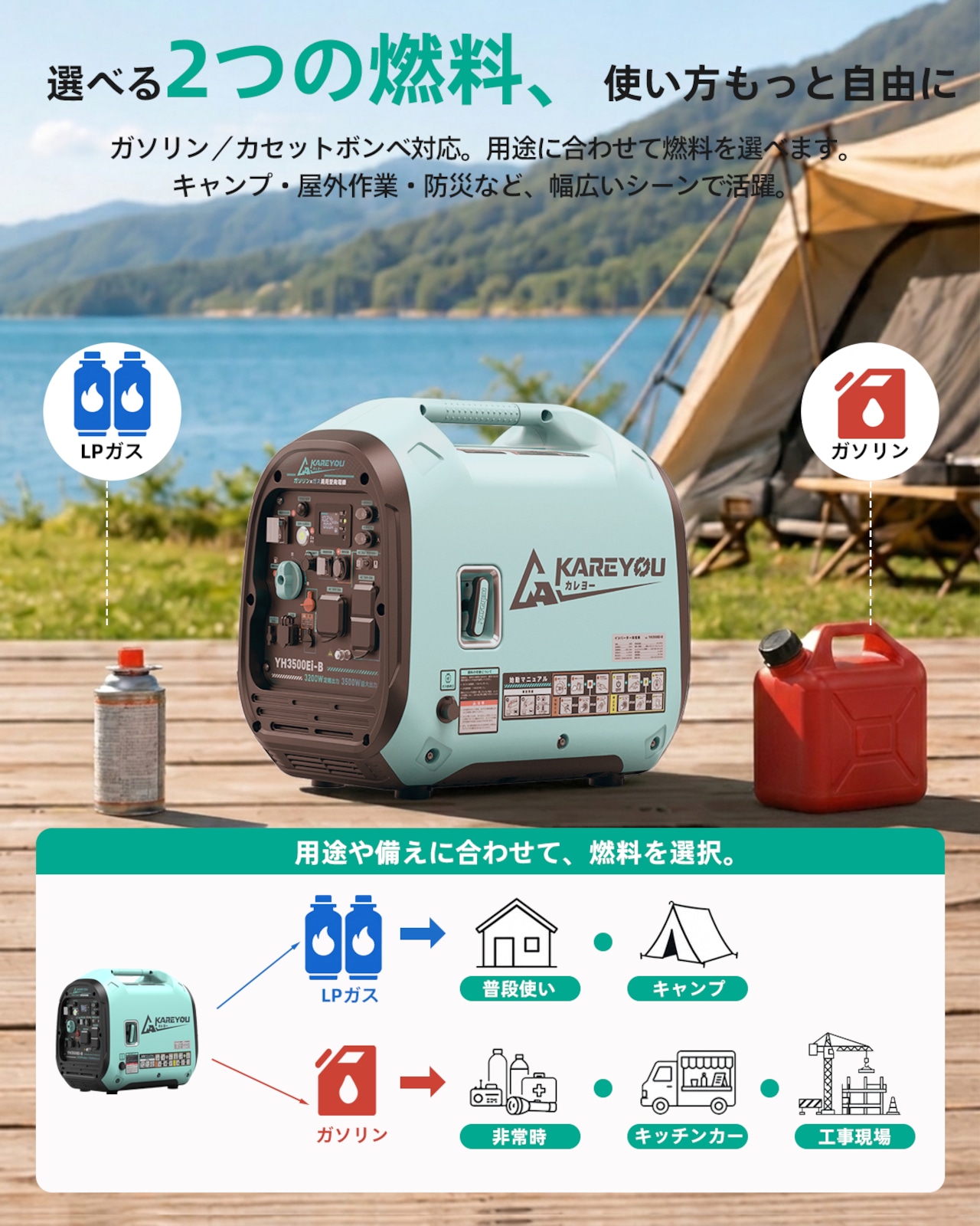 Kareyou インバーター発電機 YH3500Ei-B 最大出力3.5kW ガソリン・LPガス両用 3WAY始動 直列で200V出力可