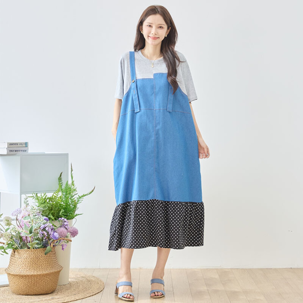 TRUBE デニム×ドット裾異素材切替サロペット風ドッキングワンピース【M~L】グレー