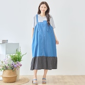 TRUBE デニム×ドット裾異素材切替サロペット風ドッキングワンピース【M~L】グレー