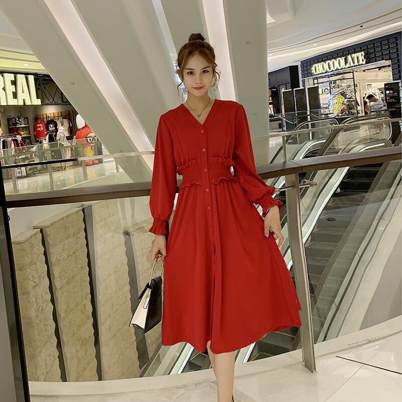 【新作】【送料無料】 新しいファッションVのマタニティウェア2019秋バージョン-母乳育児、ウエスト、腹を覆う妊婦の母乳育児ドレス-アリババ オータム 秋物 Vネック expec293633880415