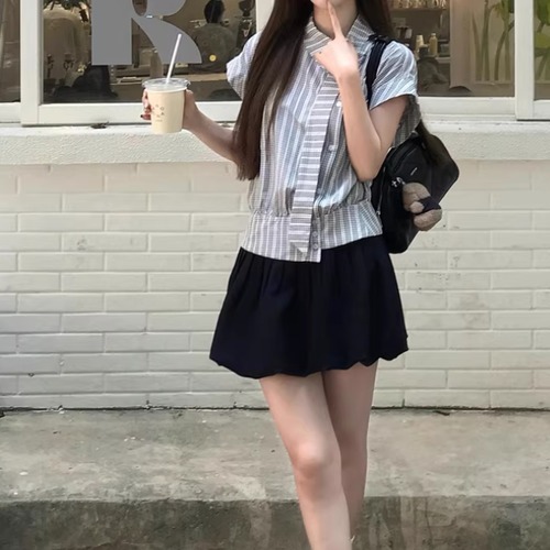 【2点セット】アシメデザインストライプトップス＋バルーンミニワンピ ・76687