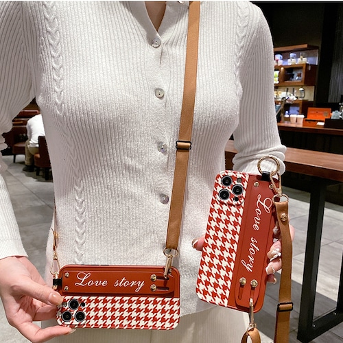 iPhone13 Pro Max/12/11ケース チェック柄 手持ちベルト 肩掛け アイフォン13プロケース 機能充実 可愛い ショルダー コーデのワンポイント◎