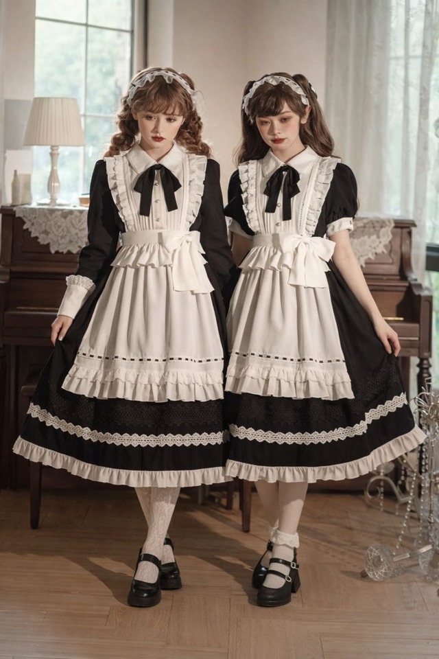 小さなメイドの黒ロリィタワンピース｜ドール感たっぷり王道メイドロリィタ｜長袖・半袖が選べる可愛いAラインスカート