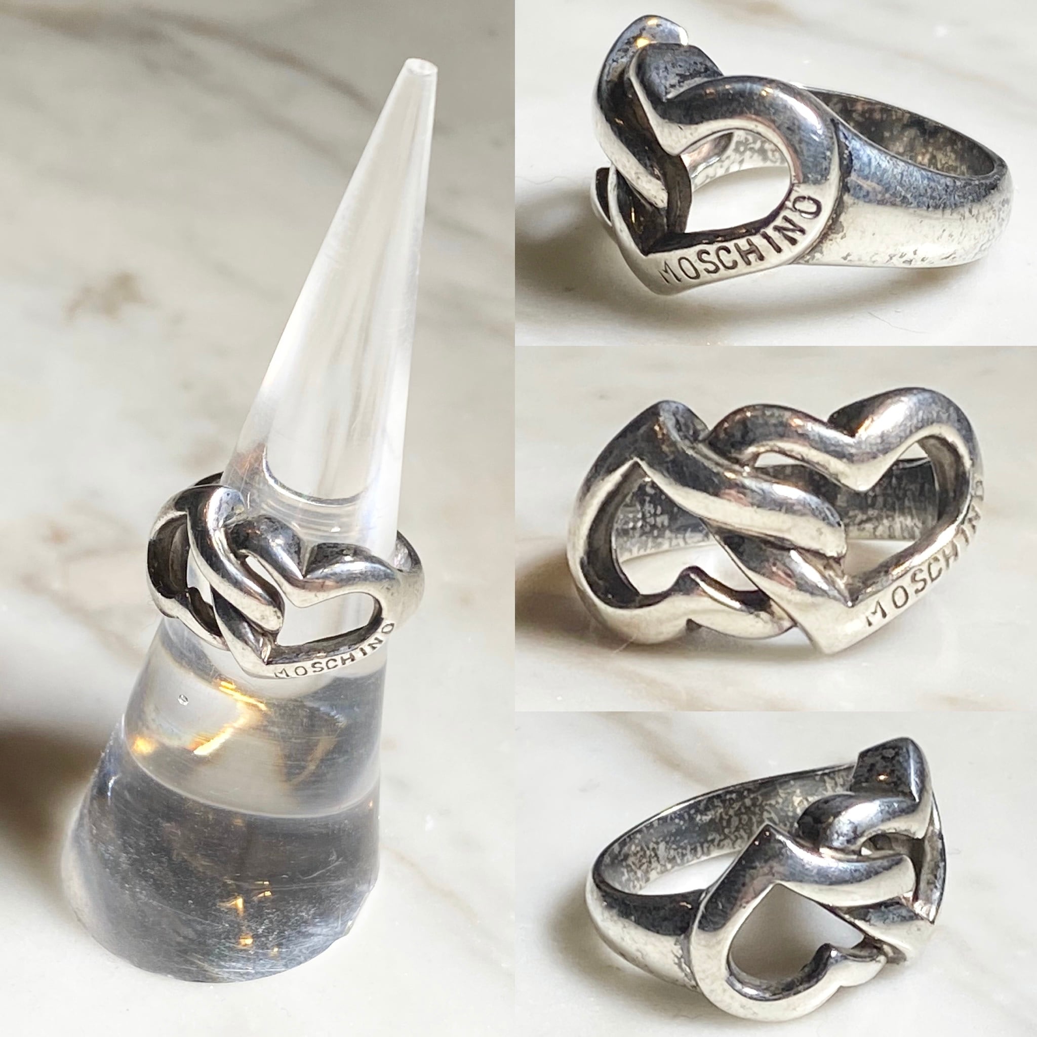 MOSCHINO silver double heart motif ring | NOIR ONLINE