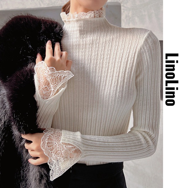Lace Trim Long Sleeve Ribbed Knit Top L00766