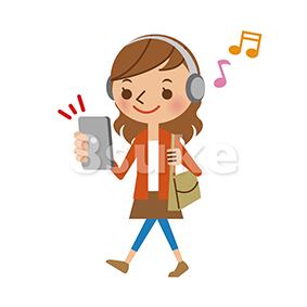 イラスト素材 スマートフォンで音楽を聴きながら歩く若い女性 ベクター Jpg 8sukeの人物イラスト屋 かわいいベクター素材のダウンロード販売