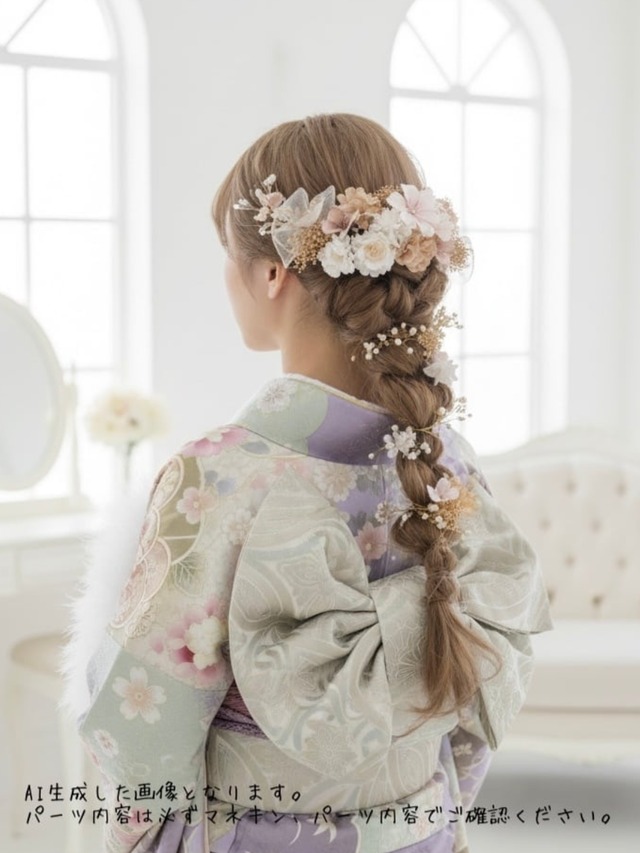 【さくら小枝ビジュー髪飾り】袴　振袖　成人式　ヘアドレス　ヘアパーツ　プリザーブドフラワー　ドライフラワー　k-0145