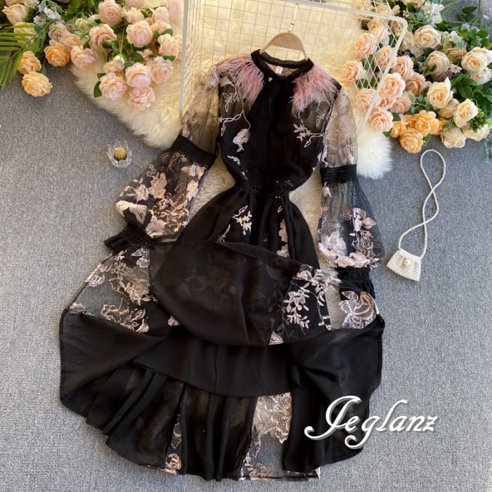 ワンピース ドレス レース 刺繍 透け感 ボウタイ 袖コン コサージュ ♪(Z2215)ζ