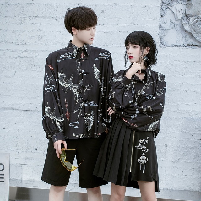 長袖 シャツ ユニセックス チャイナ服 中華服 レトロ ストリート系バンギャ｜天使と悪魔