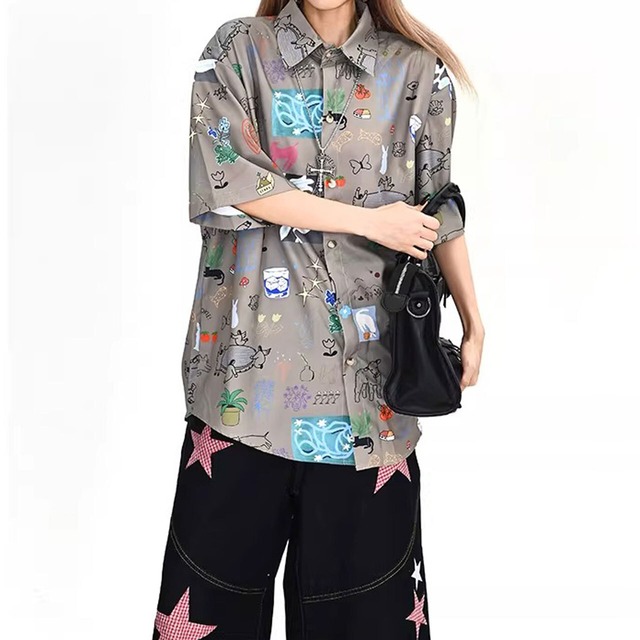 ドローイングアート総柄ショートスリーブシャツ 2col   R02120