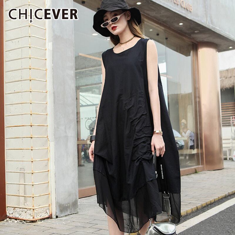 CHICEVERパッチワークシャーリングドレス女性Oネックノースリーブベストアシンメトリーヘムドレス2020サマースタイルタイド 夏物 6base51050124657