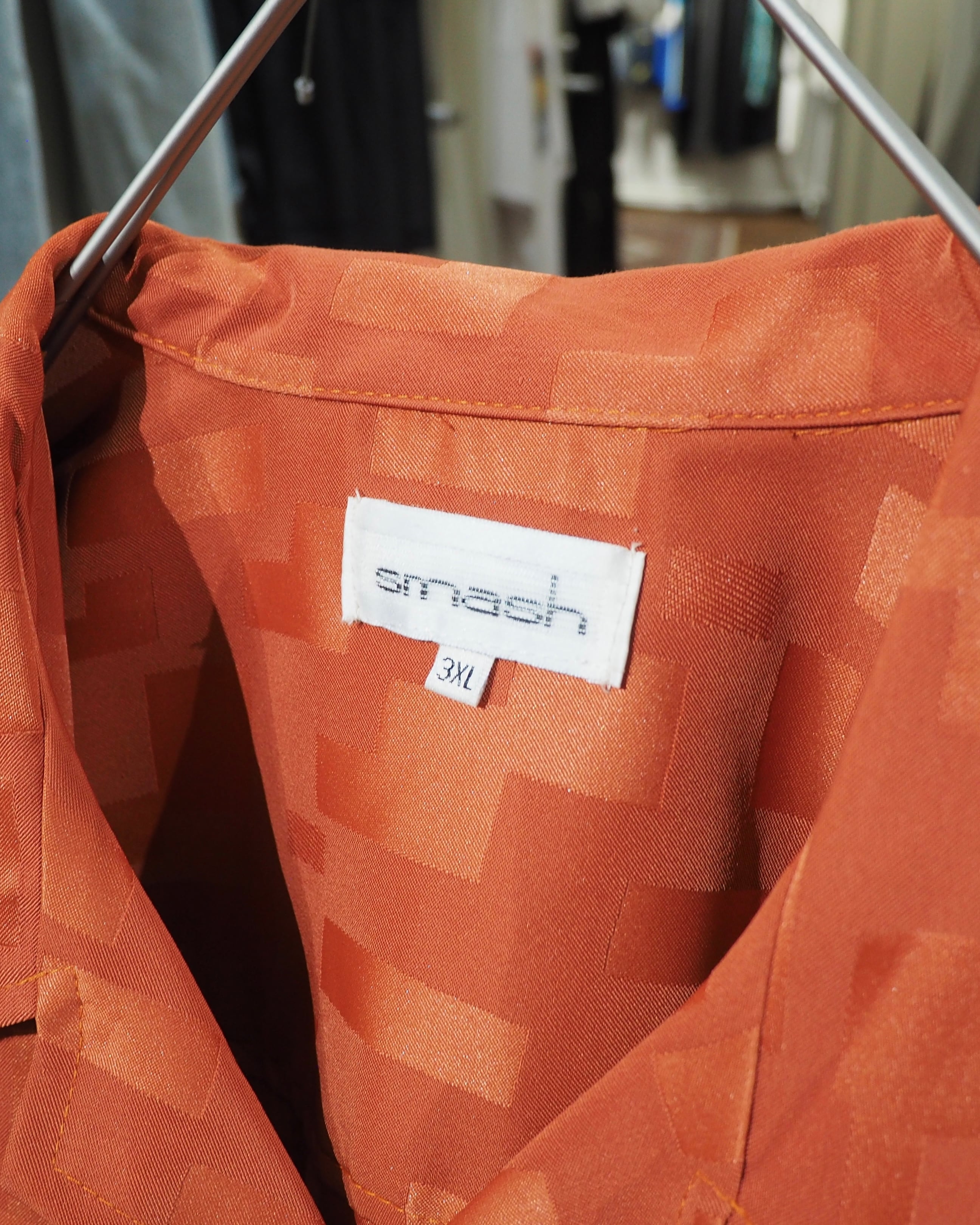 1990s " Made in USA ‐ Smash " Vivid Orange × Block Pattern Vintage Loose Open Collar Shirt