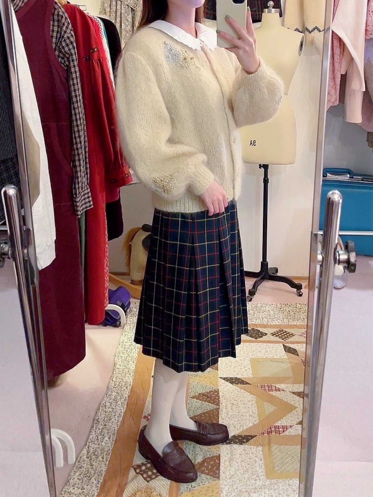 green check gold button skirt