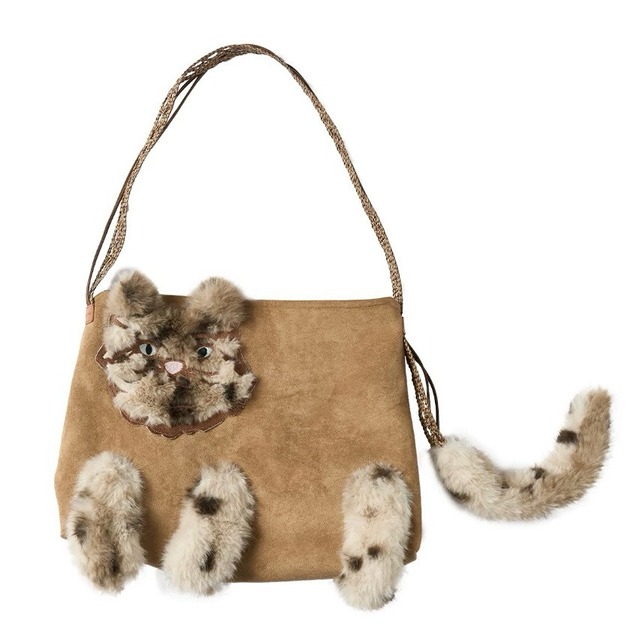 [Outthe Blue] fur embroidered cat suede single shoulder bag