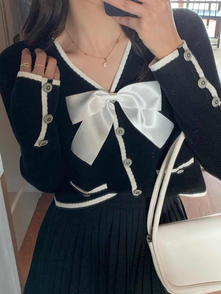 セーター レディーススプリングオータムショート長袖スリーブVネック ロング リボン 春物 秋物 ビッグFスモールZ韓国23030363010