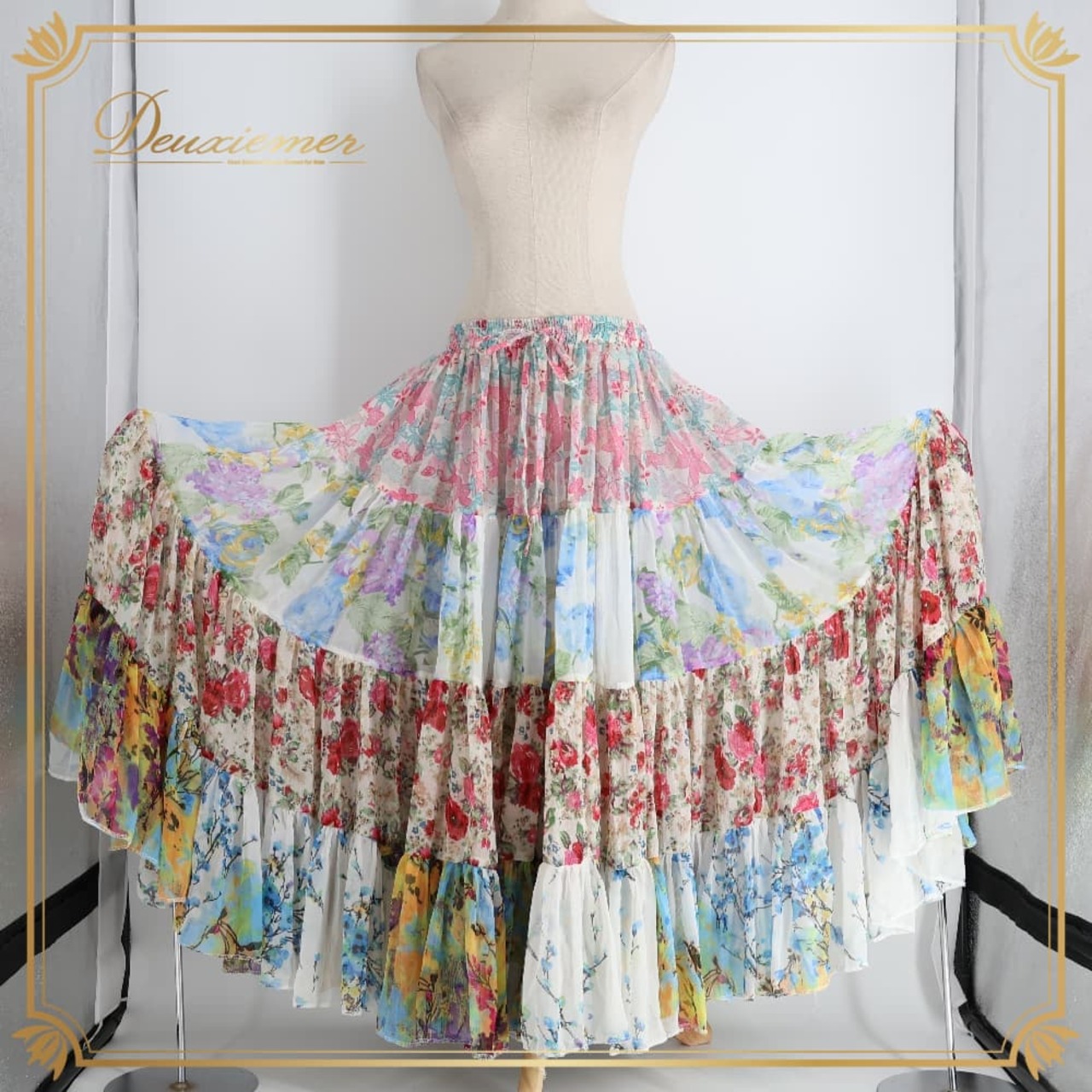 ベリーダンス 衣装 Garam garam ガラムガラム ジプシースカート 25ヤード ジプシースタイル ホワイト系 カラフル 花 花柄 総柄 かわいい 白 黄 青 紫 華やか 薄い 軽い ティアード スカート ピンク系 ブルー系 パープル系 イエロー系
