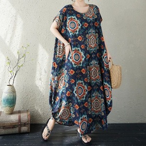 PRINT BOAT NECK HALF SLEEVES MAXI PULLOVER DRESS 7colors M-17088