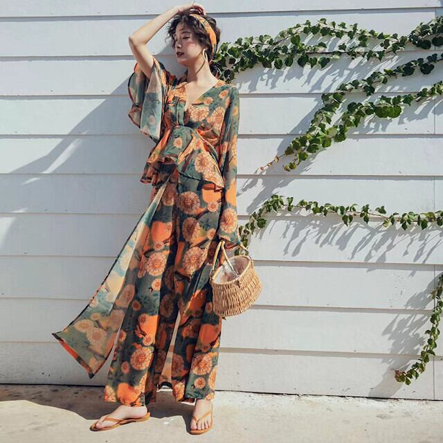 レディース セットアップ ベイクドカラー ウエストマーク ペプラム ハイウエスト カシュクールブラウス ワイドパンツ センタープレスパンツ パーティー 花柄 総柄 ボリューム袖 Vネック S/M