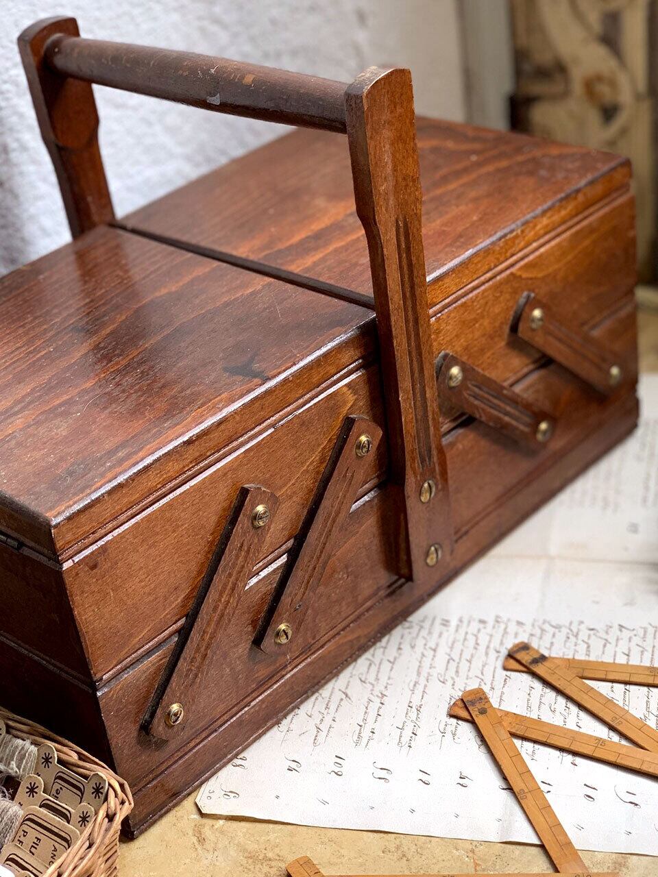 木製2段 ミニソーイングボックス 焦げ茶 ダークブラウン | Brocante de