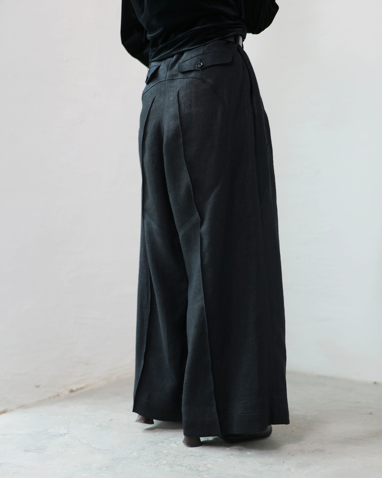 i’m here - Linen Wide Pants :Black|3種リネン切替/ワイド/“だまし絵”前立て