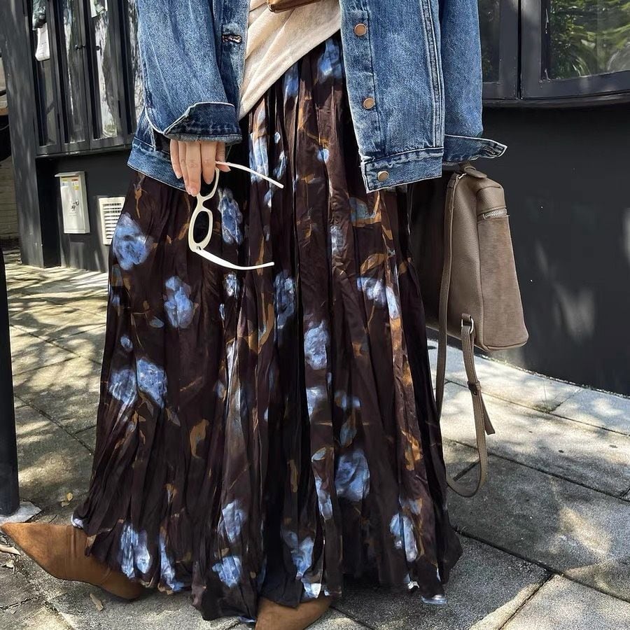 FLOWER PRINT A-LINE WRINKLED MAXI DESIGN SKIRT 1color M-16129