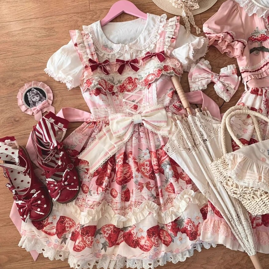 甘ロリ 苺柄フリルワンピース 2丈展開 ピンクお茶会向け