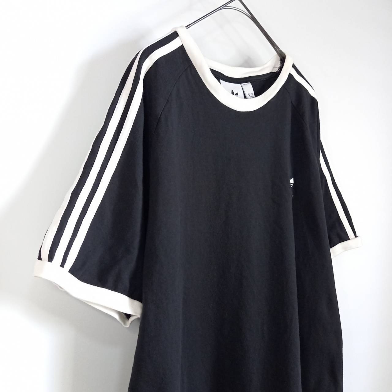 アディダス　オリジナルス　リンガーTシャツ　半袖　ストライプ　刺繍ロゴ　黒　XL
