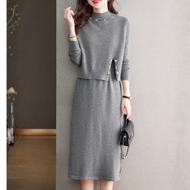 クロップド 長袖 ミモレ丈 ニットワンピース＋ベスト  セット K1122