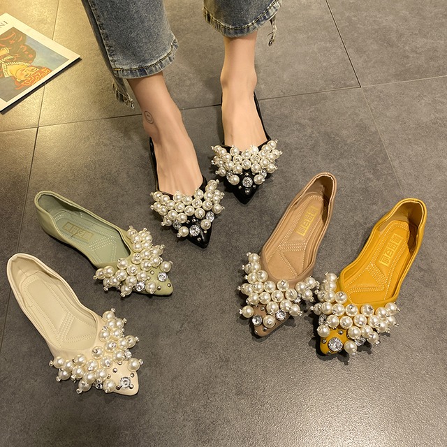 シューズレディース夏2020新しいファッションポインテッドレディースシングルフラット浅い口パールワンペダルネットレッドビーニースクープシューズ 部族の婦人靴4626787