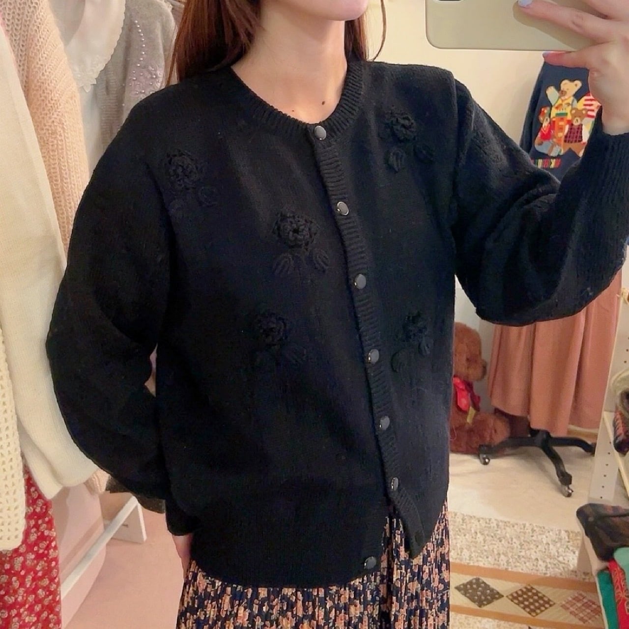 black flower motif knit cardigan