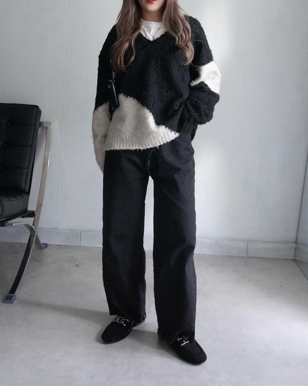 2waxcross west ワイドストレートデニムpt／Black