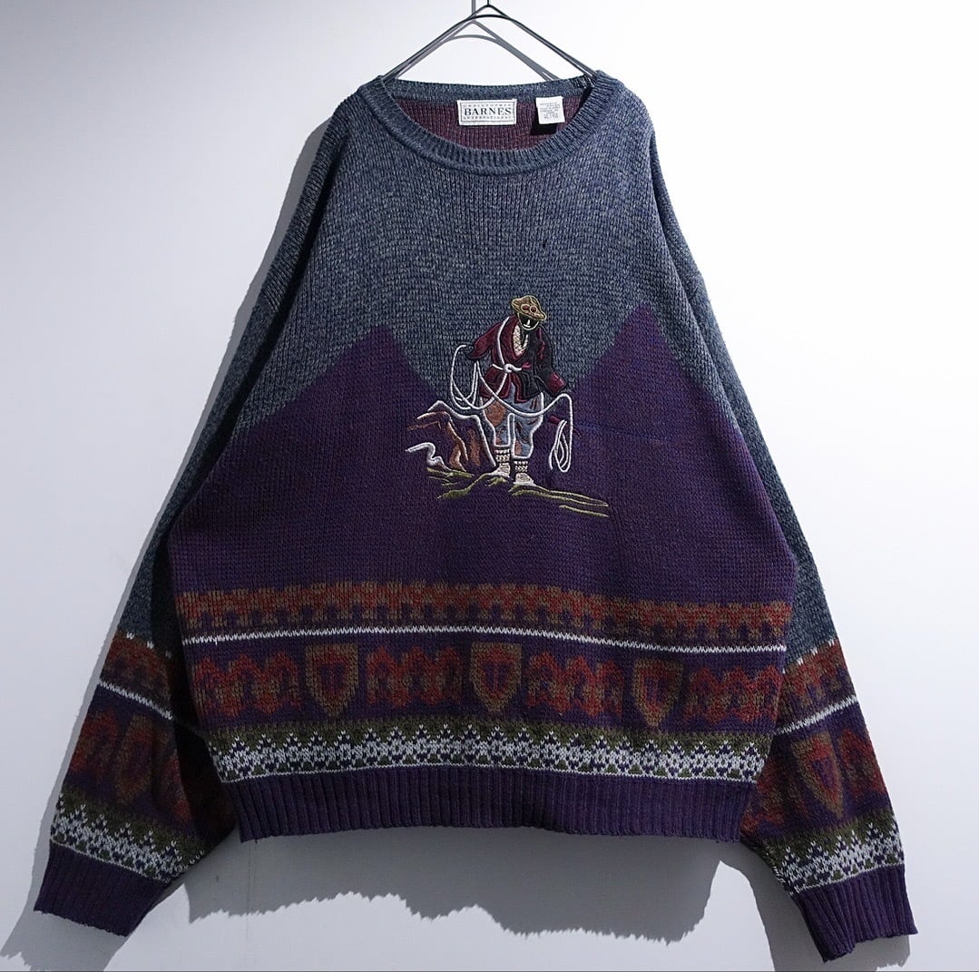 90s Multicolor Human Embroidery & Geometric Design Knit