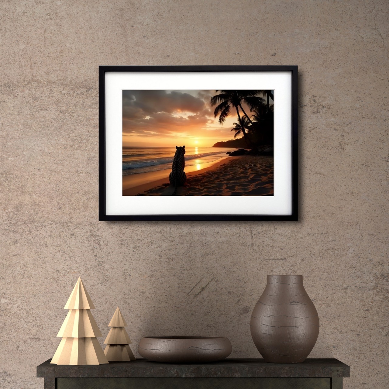 故郷を想うホワイトタイガー｜夕陽を見つめる虎が描く幻想アートポスター｜静寂と郷愁が心を包む癒しのモダンインテリアA2ポスター