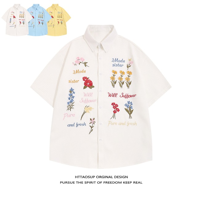 【HTTAOSUPシリーズ】★シャツ★ 3color トップス 刺繍入り 花柄 半袖 男女兼用 メンズ レディース 白 青 黄