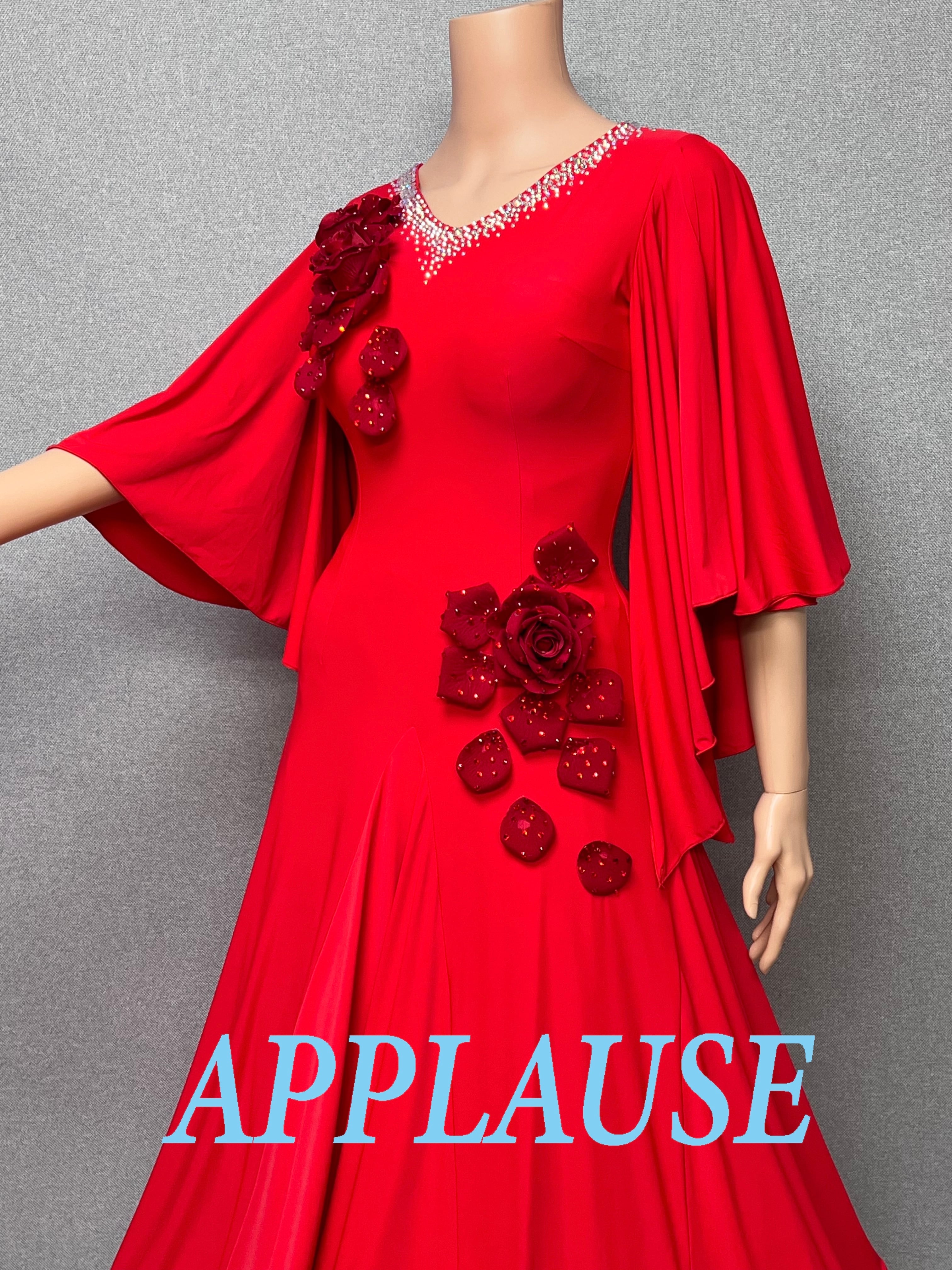 【新着】社交ダンス ドレス　モダン　スタンダード ドレス　ST-26-４　レッド（バラ）　M〜L　デモ・競技用ドレス　発表会　衣装　パーティドレス　ワンピース　舞台衣装