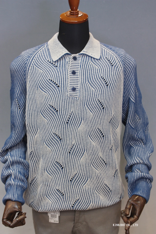 Desigual ラグランスリーブ・ポロセーター（ウェーブジャカード／ブルー×エクリュ）