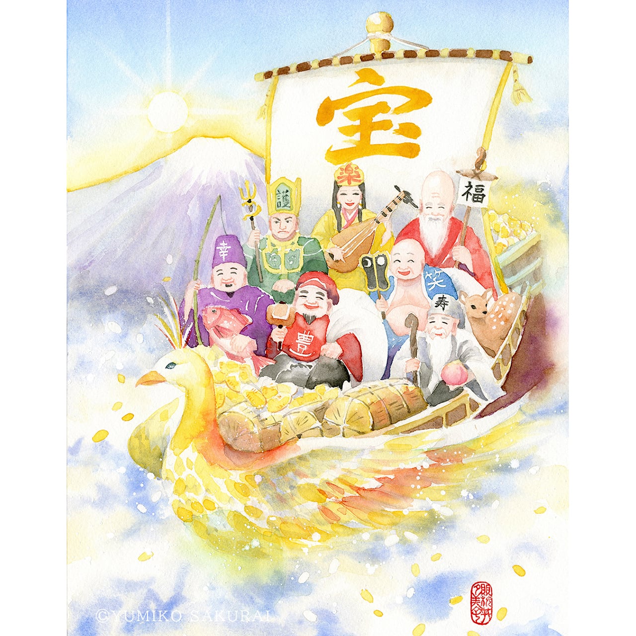 原画「 七福神 」（太子サイズ） | 幸せの水彩画 ヒーリングアート