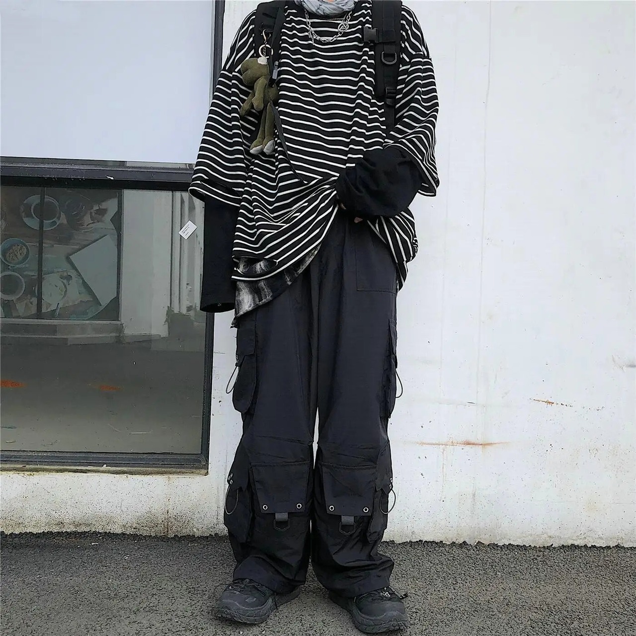 ストリート黒カーゴパンツ女性ヒップホップパンクオーバーサイズワイド 