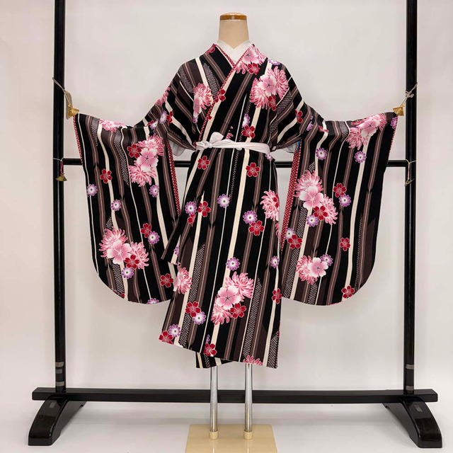 二尺袖 単品 卒業式着物 kansai 黒 ブラウン 裄68cm Lサイズ  袴用着物 化繊 中古 5295