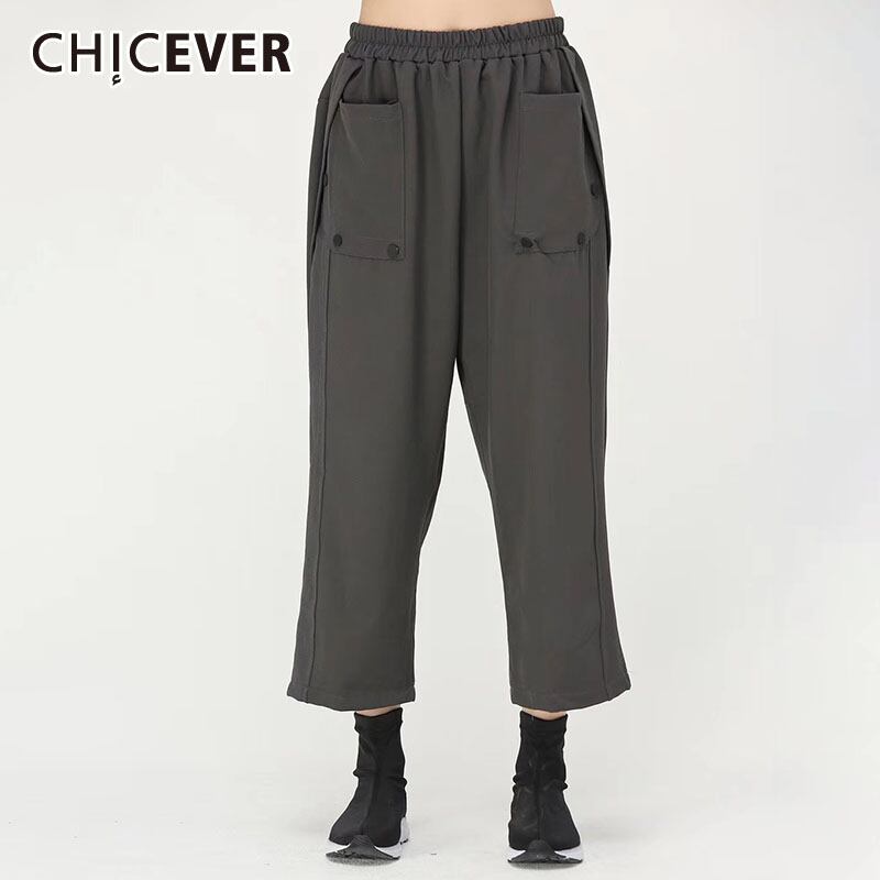 CHICEVERワイドレッグパンツレディースウエストパッチワークポケット特大ルーズアンクルレングスパンツ2020服 ワイドパンツ 6base543551819348