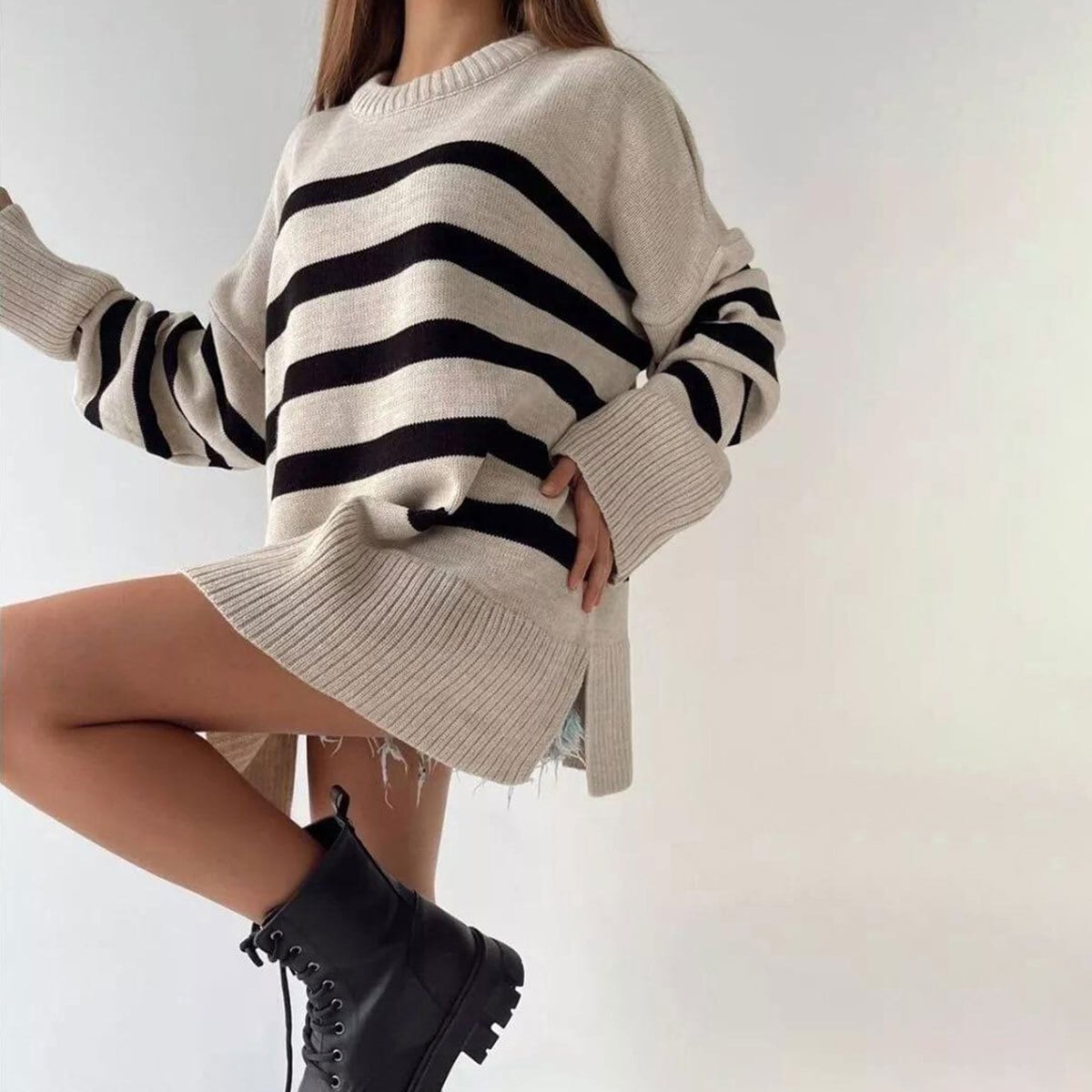 ニット セーター ボーダー柄 長袖 レディース 春秋 トップス 韓国 大人 カジュアル おしゃれ ゆったり 体型カバー サイドスリット ドロップショルダー ボーダーニット 大人可愛い 大人女子