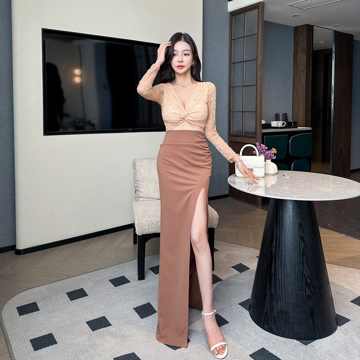 ロングドレス キャバドレス セクシー Vネック スリット 上品 レース