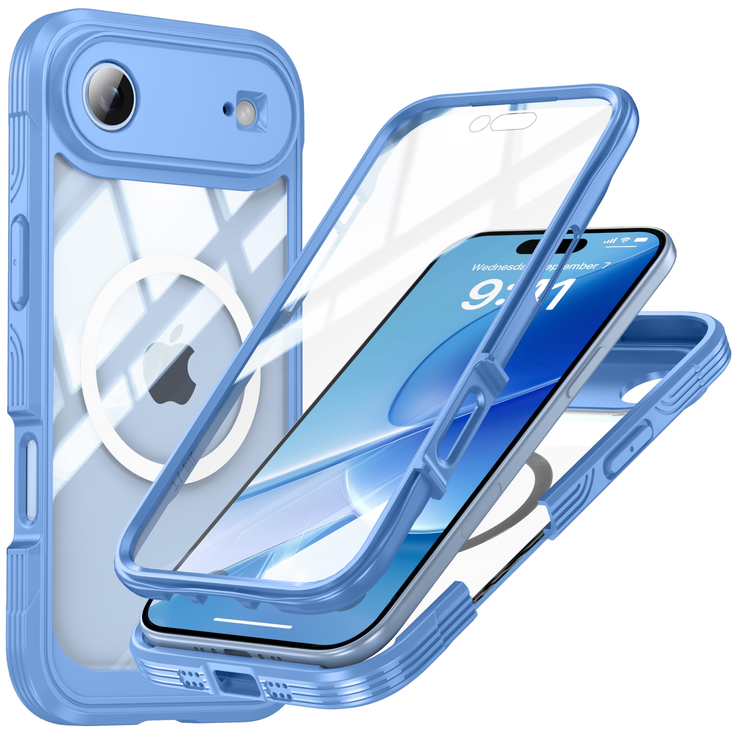 iPhone 17 Air 用ケース Magsafe対応 ガラスフィルム付き 前後 クリアカバー 液晶保護 フルカバー 全面保護 嵌め込み式 防塵 軽量 滑り止め 米軍MIL規格取得耐衝撃 アウトドア 透明ケース,ブルー