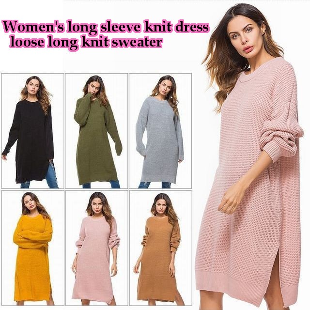 レディース オーバーサイズデザインソリッドカラー O-ネック プルオーバー ニットワンピース / Women Oversize Design Solid Color O Neck Pullover Sweater Dress (DCT-580244317620)