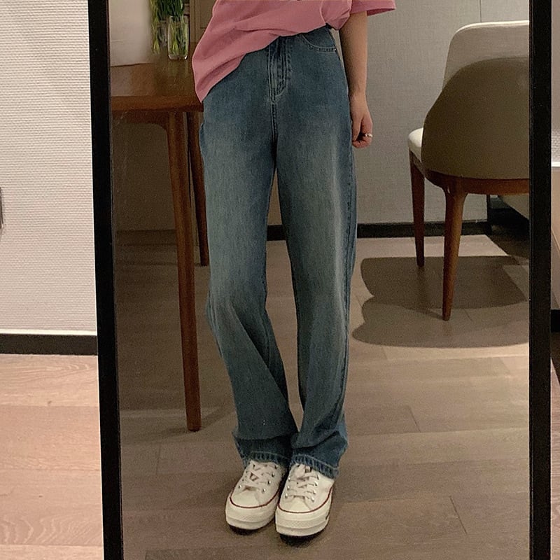 【新作】【送料無料】 VEEE このレトロブルーのスリムストレートと怠惰な韓国世代ブロガーの女性用のロングわずかモップジーンズ 0310820876061