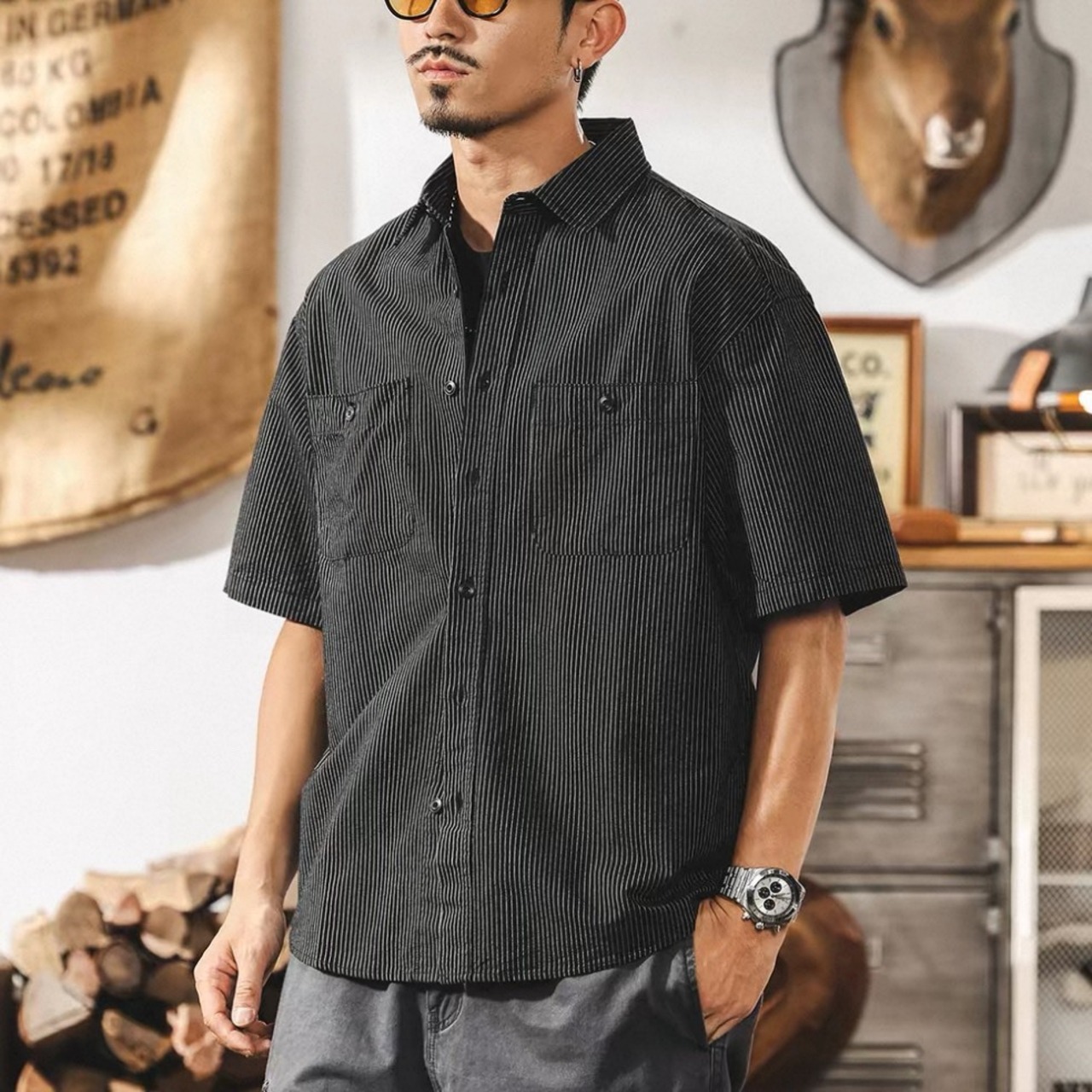 Stripe double pocket work shirt 1452 - 1
