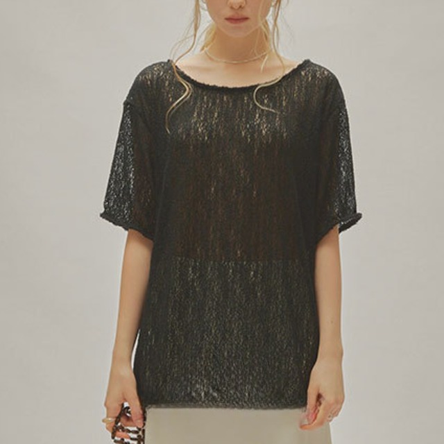 Drop shoulder short sleeve openwork knit pullover   G1173
