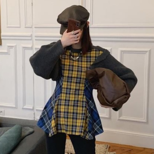 ニット レディース 大きいサイズ セーター チェック柄 チェック レギュラー丈 ミディアム丈 グレー 長袖 ストレート 体型カバー シンプル 通勤 デート 女子会 お出かけ 休日 韓国 20代 秋冬